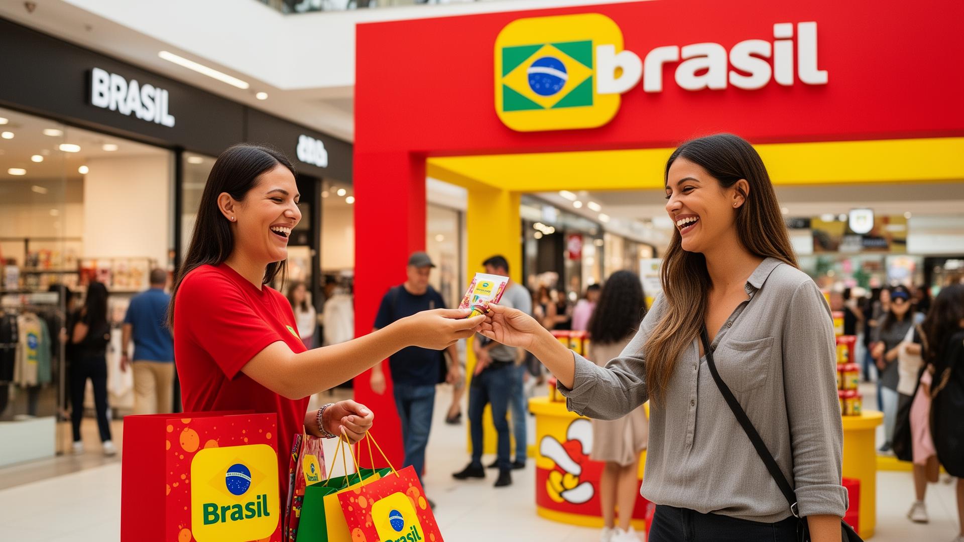 Promotora entregando amostra para uma cliente em uma ativação de marca